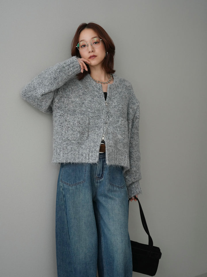 [SET]ミックスヤーンダブルZIPニットカーディガン+ベルト付裏起毛カーブデニムパンツ(2set)