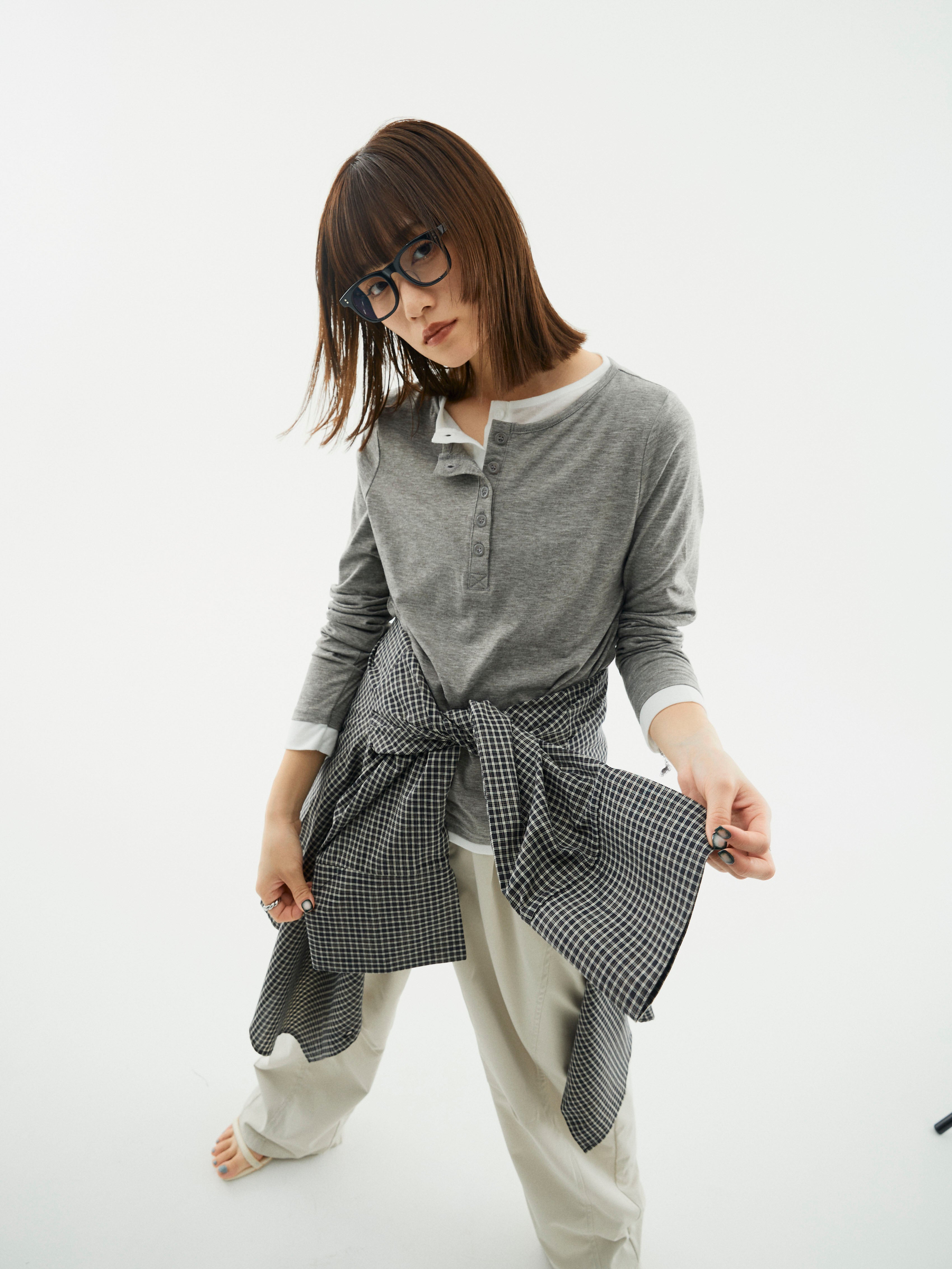 Allure】[SET]配色レイヤードヘンリーネックトップス+チェックBIG