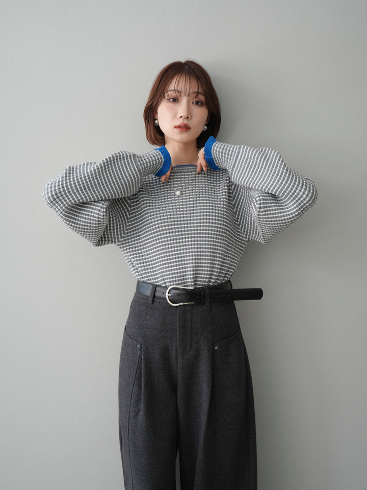 [予約]ラメ異素材ボーダーリブニットプルオーバー/charcoal×blue