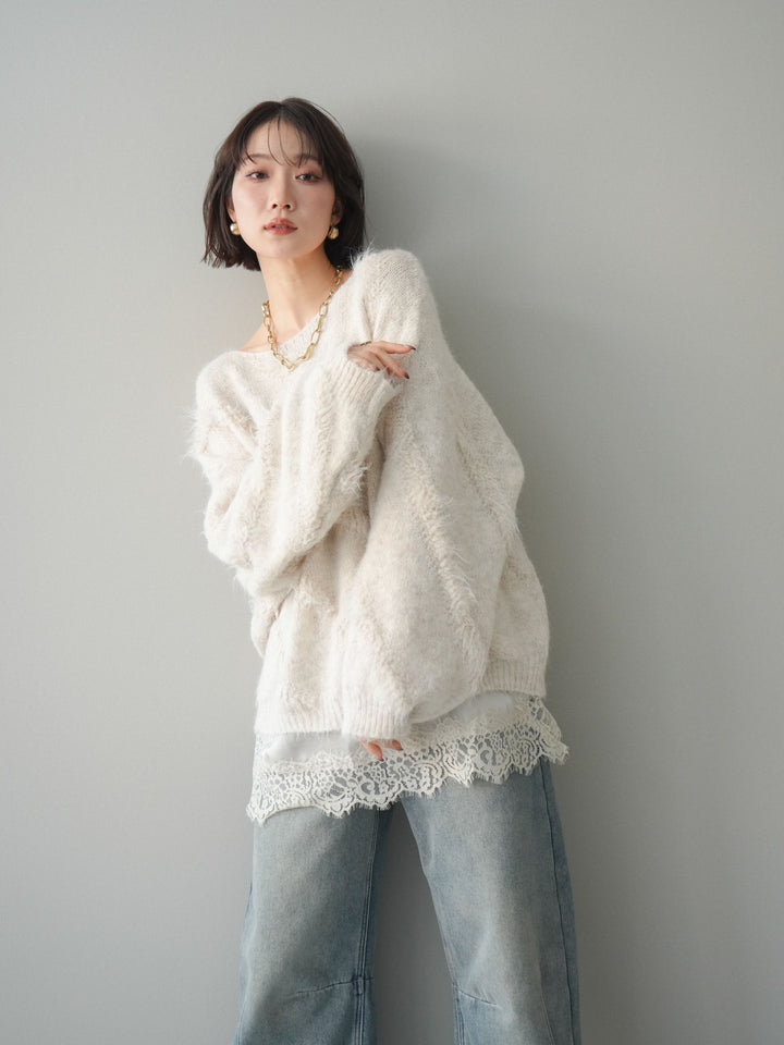 [SET]シャギーデザインニットプルオーバー+サテンレースキャミソール(2set)