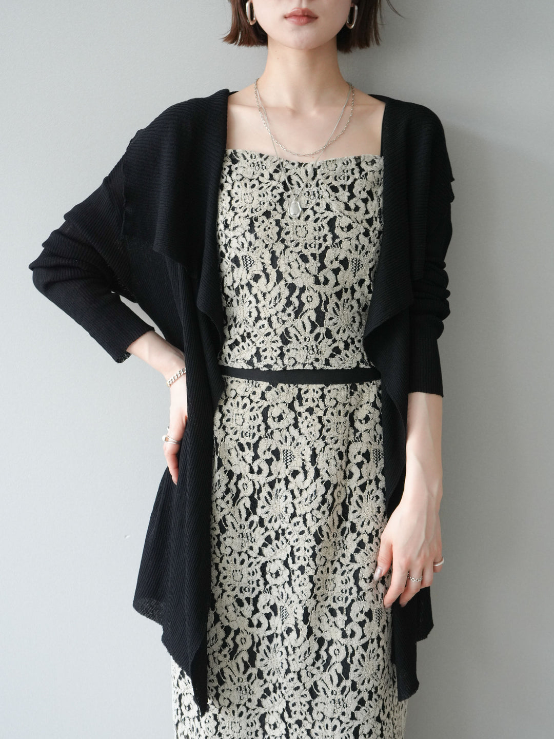 [SET]ドレープリブニットガウン+フルレースキャミ＆IラインスカートSET UP(2set)