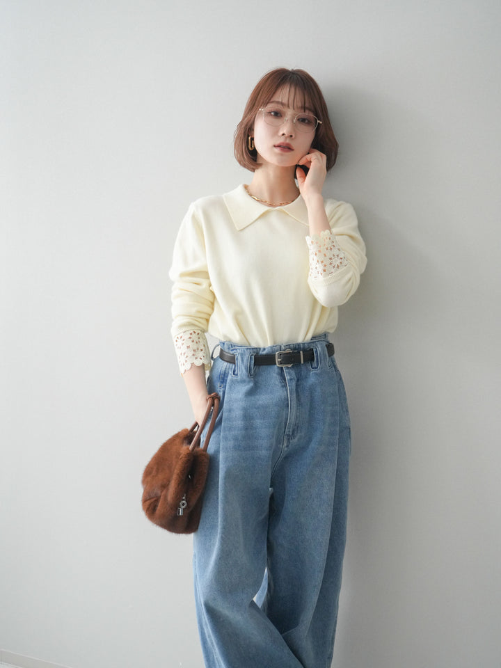 [SET]スカラップレース袖襟付きニットトップス+選べるアクセセット(2set)