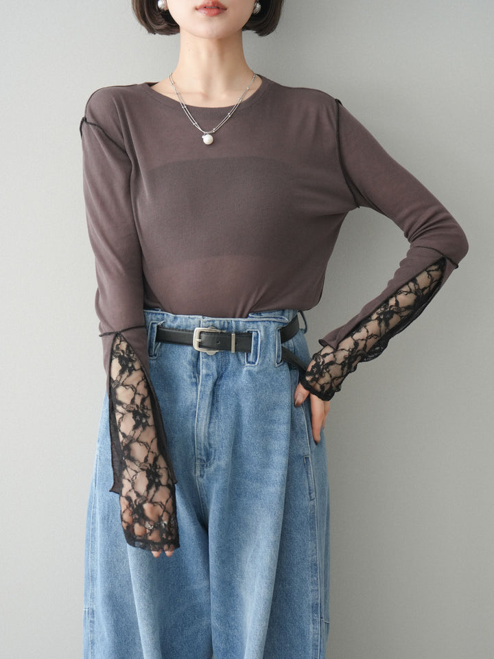 [予約]袖レースレイヤードデザインメロートップス/brown