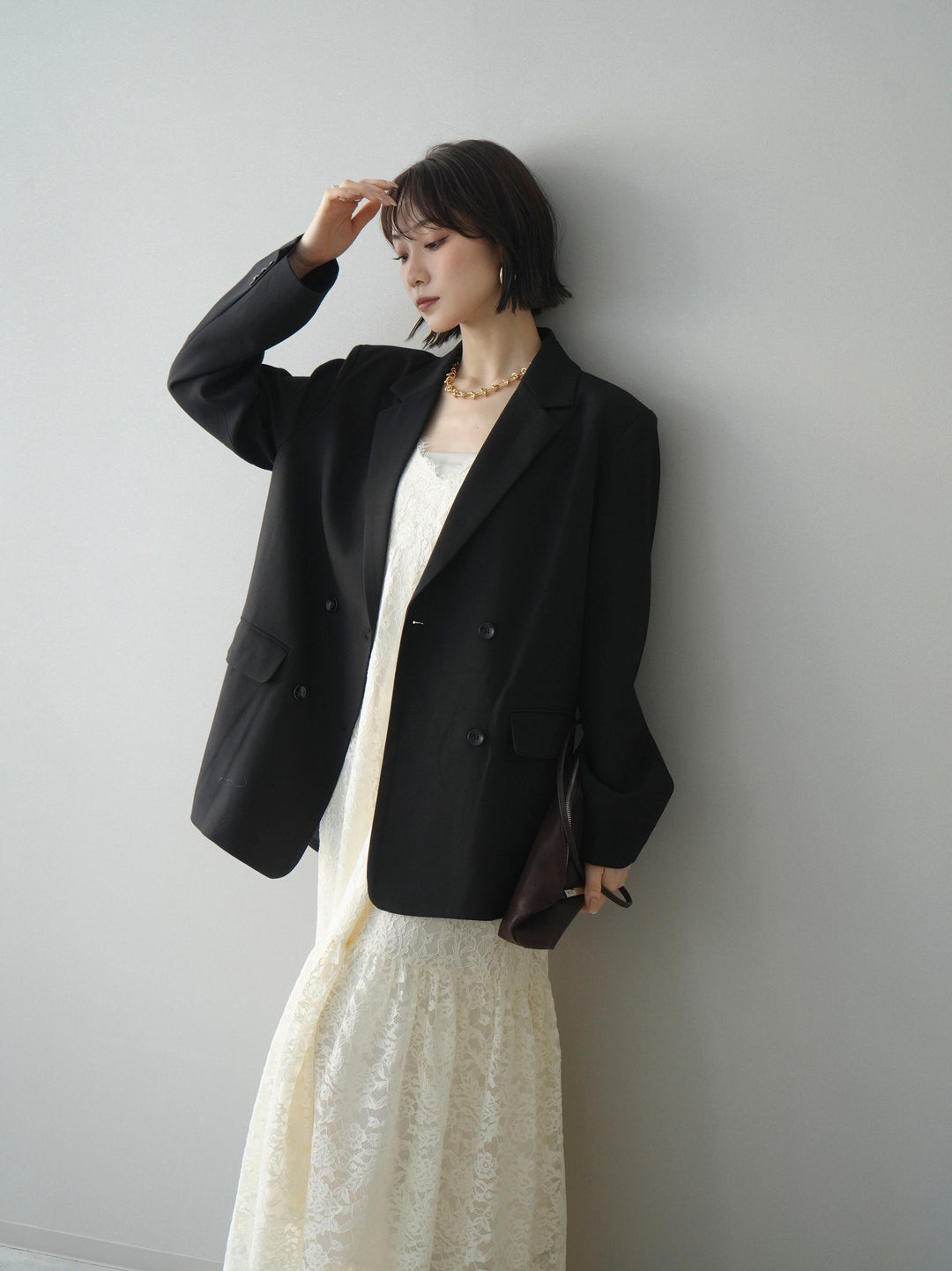 [SET]ギャザー切替レースキャミワンピース+ダブルブレストオーバージャケット(2set)