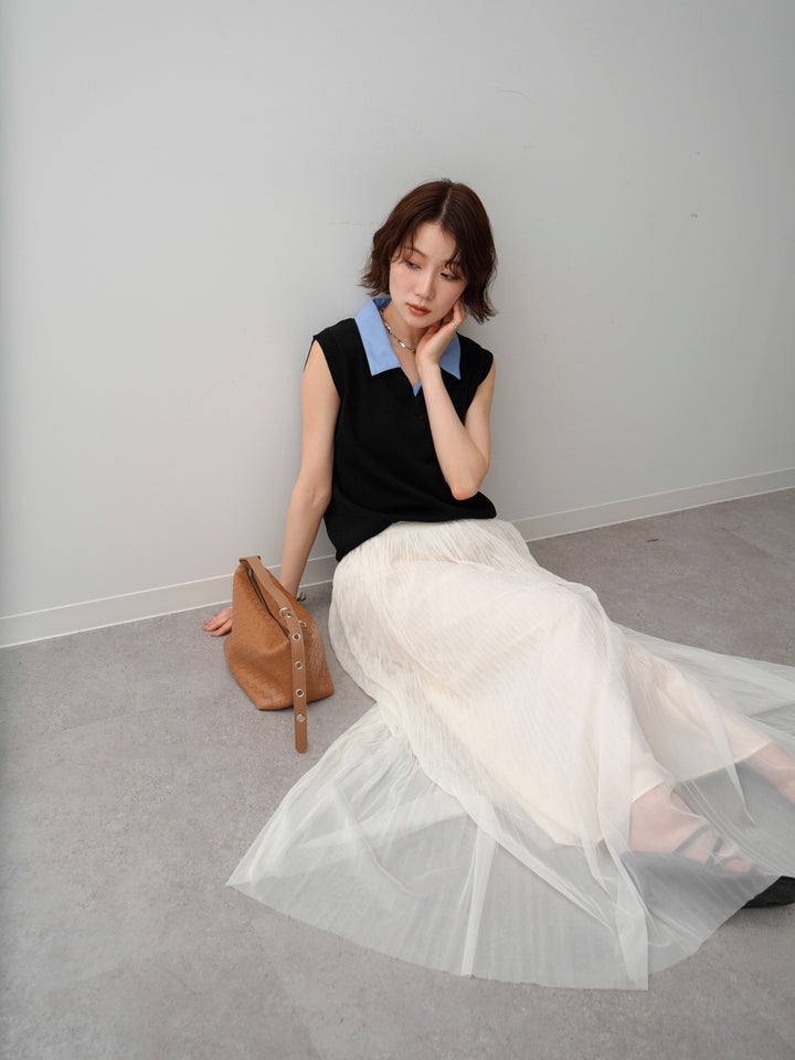 [予約]シャツ襟レイヤードニットベスト/black