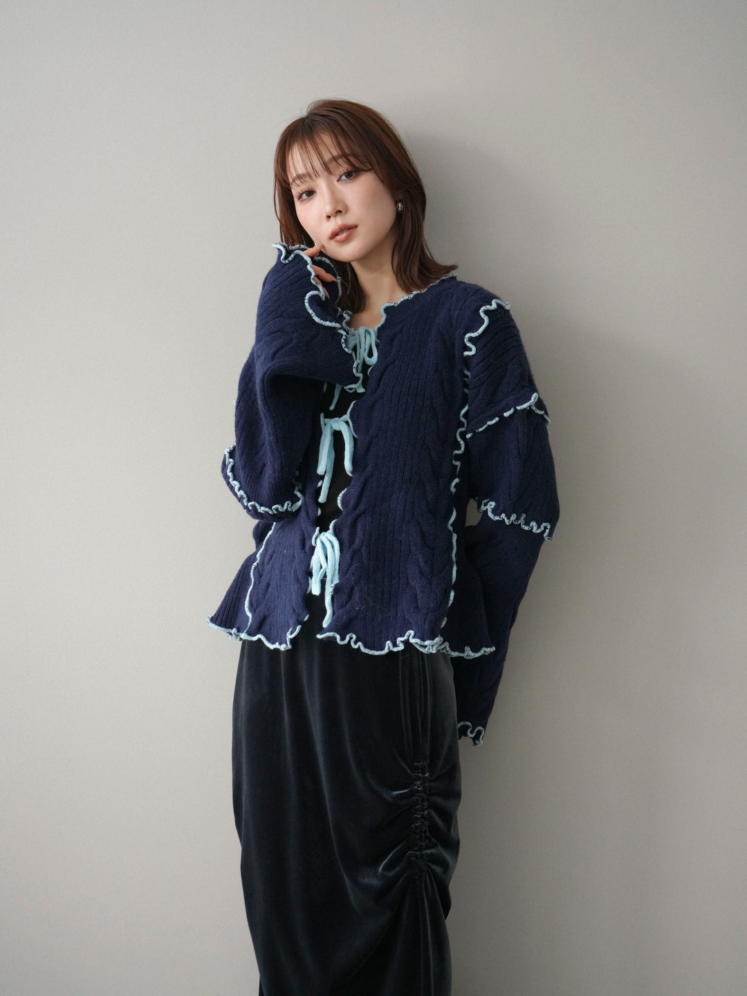 [予約]フロントリボン配色メローニットカーディガン/navy