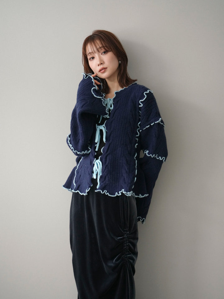 [予約]フロントリボン配色メローニットカーディガン/navy