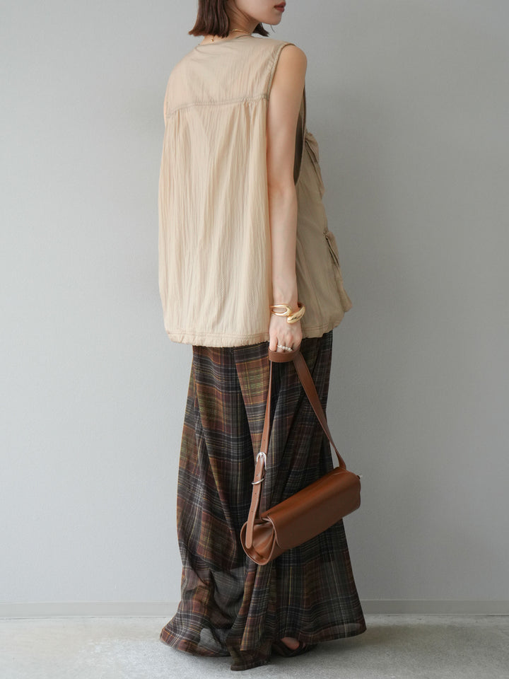 [預購] 透視格紋寬鬆褲/棕色