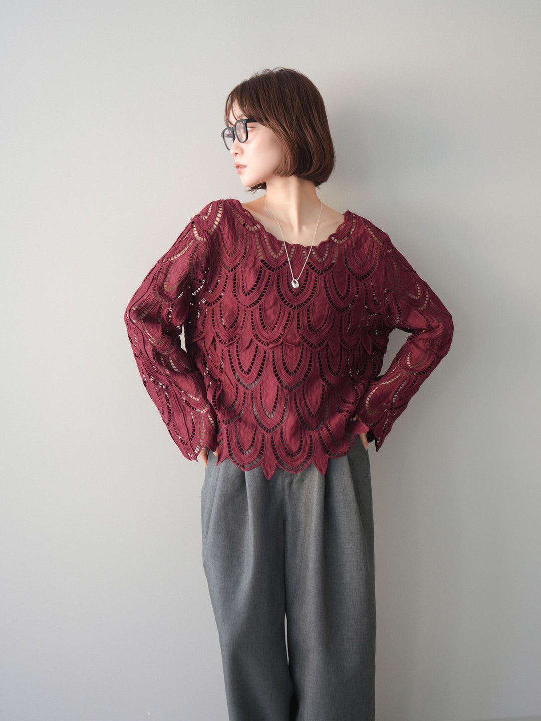 [予約]透かしコードレースブラウス/bordeaux