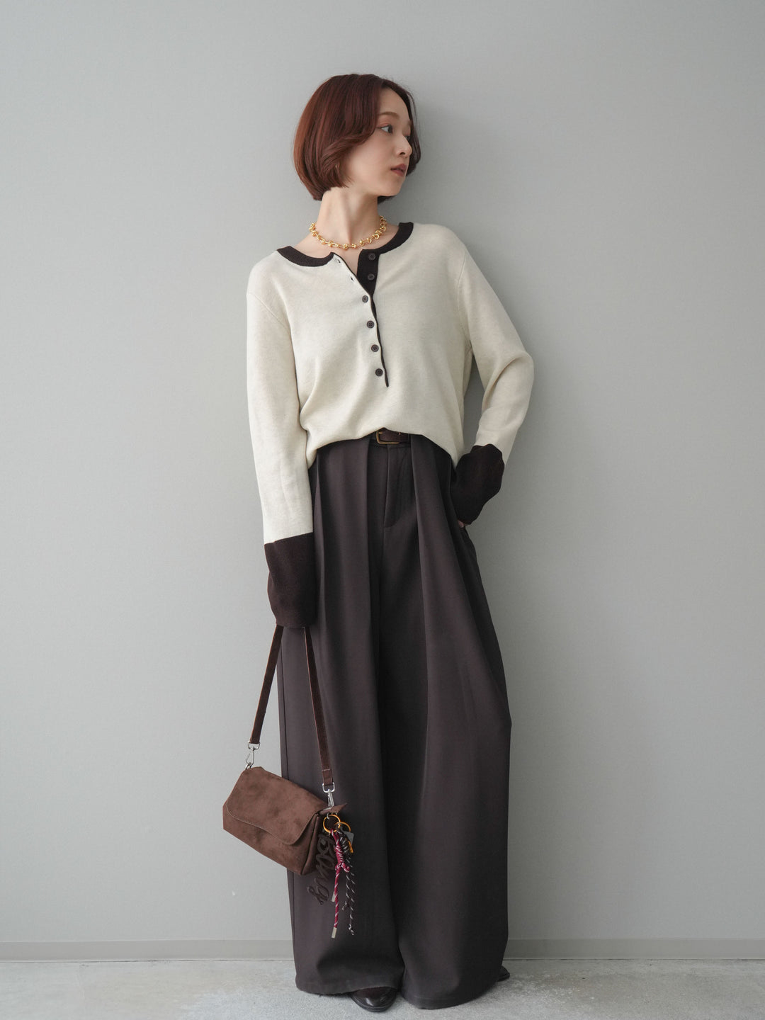 [SET]ヘンリーネック配色ニットソー+ベルトループデザインワイドパンツ(2set)