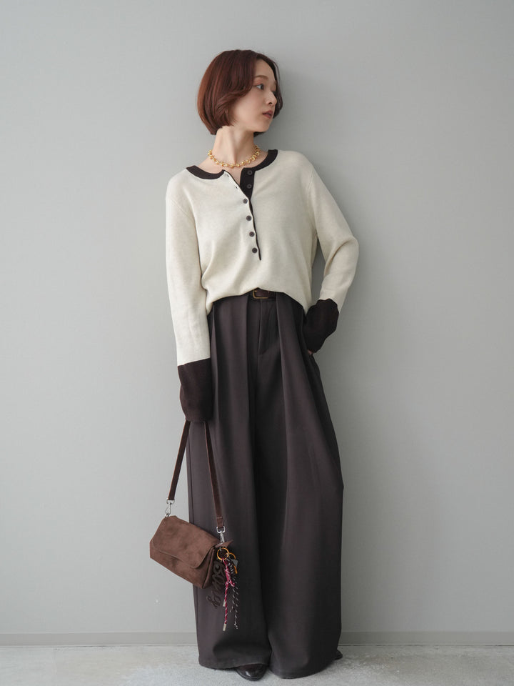 [SET]ヘンリーネック配色ニットソー+ベルトループデザインワイドパンツ(2set)