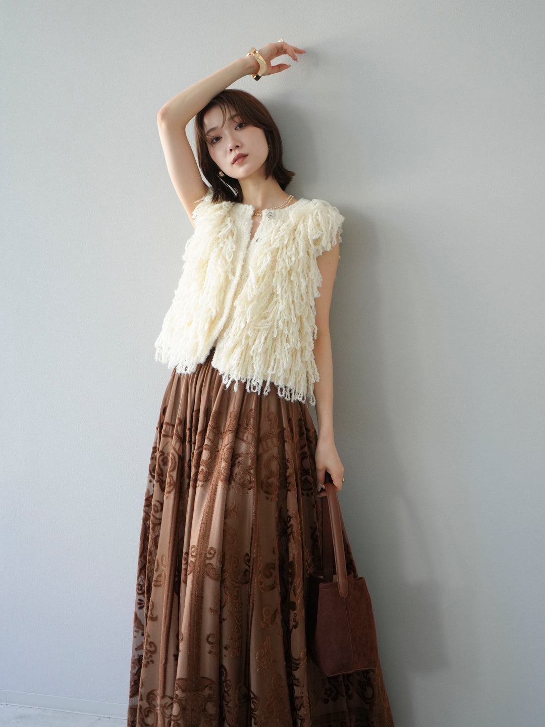 [SET]フリンジループニットベスト+アンティーク柄フロッキーマキシスカート(2set)