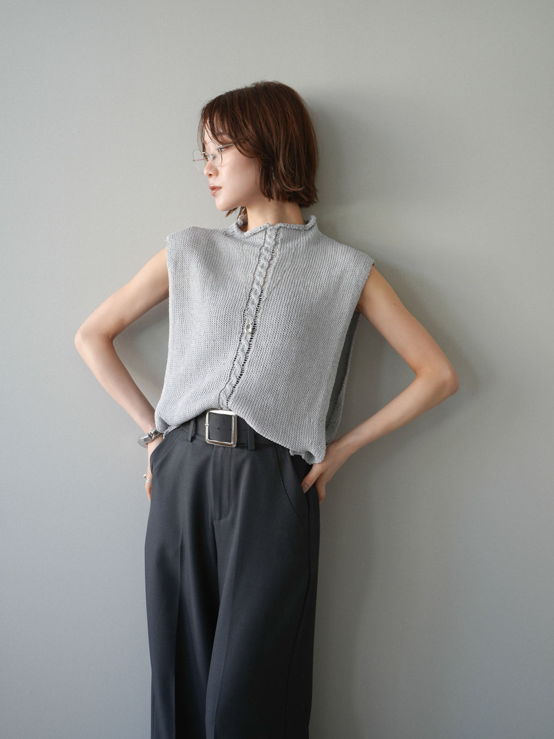 【套裝】開襟針織上衣+銀色搭扣垂褶闊腿褲（兩件套）