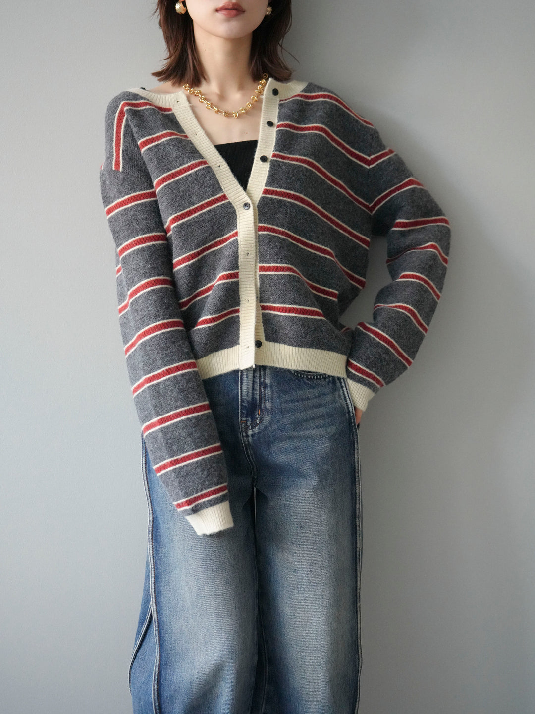 [予約]配色ボーダーニットカーディガン/gray
