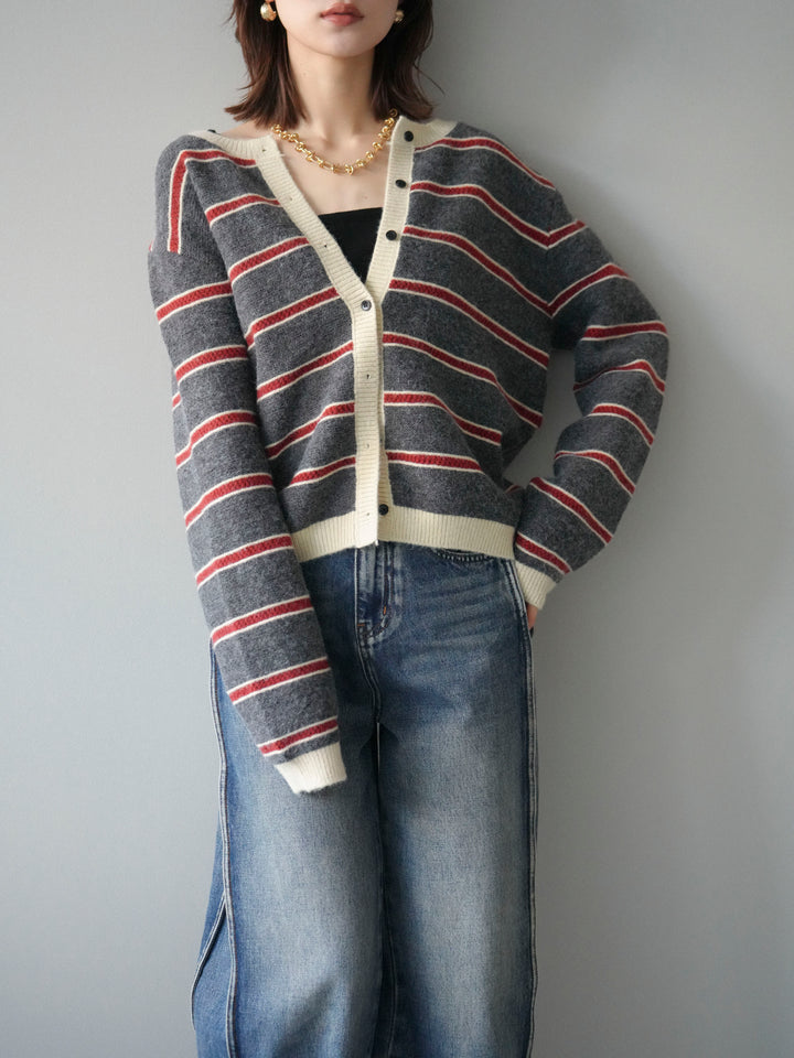 [予約]配色ボーダーニットカーディガン/gray
