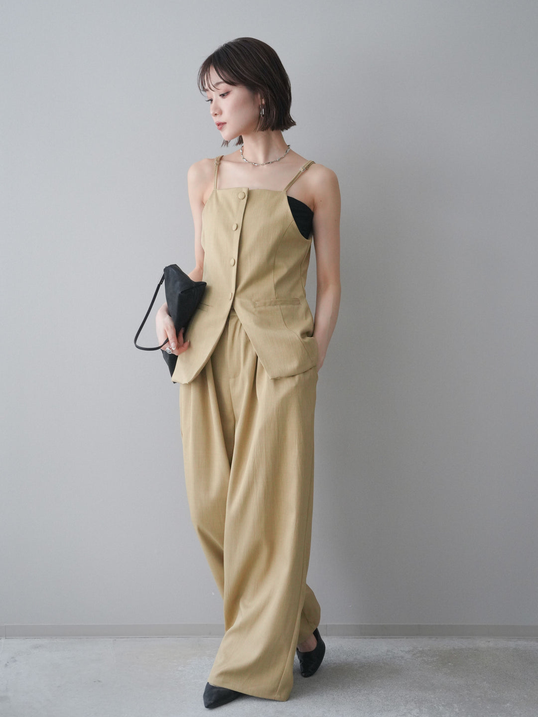 [予約]異素材ドッキングメニータックワイドパンツ/beige