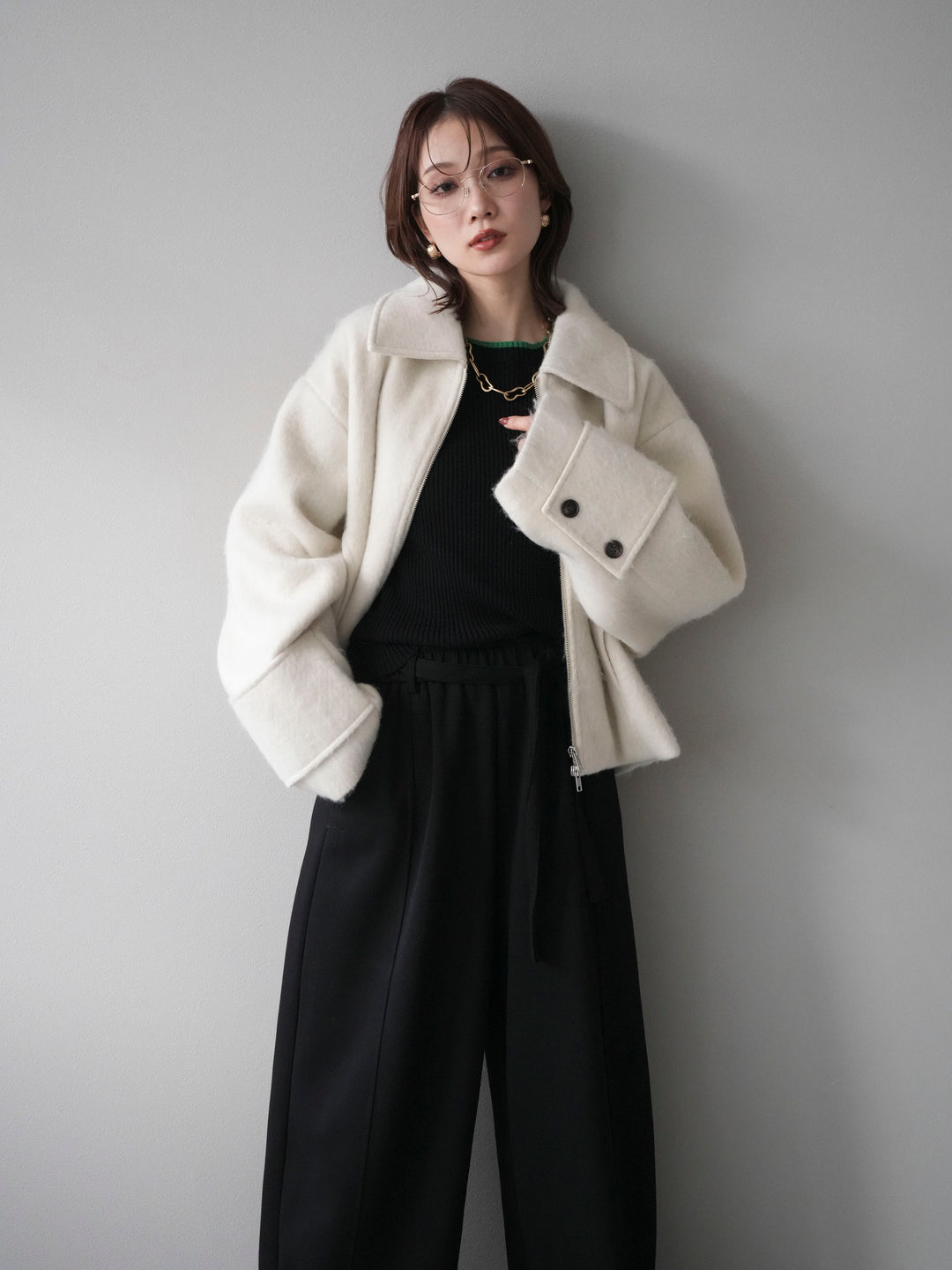 [予約]袖ビックループシャギージップブルゾン/ivory