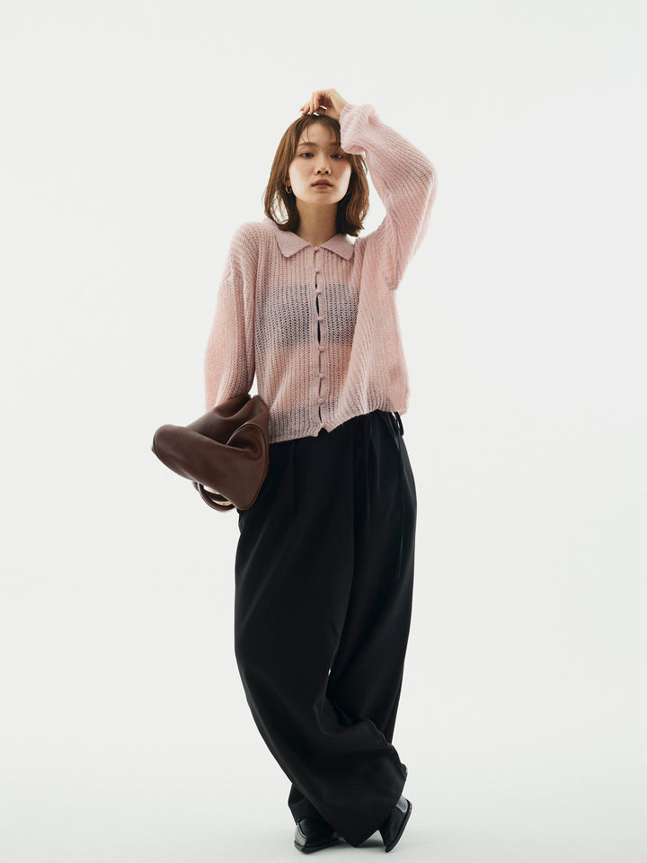 【Allure】[SET]起毛片畦編みシアーポロニット+ラップデザインタックワイドパンツ(2set)