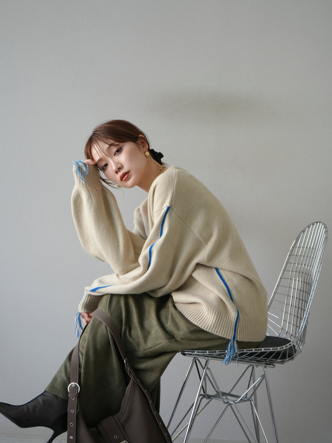 [予約]配色ステッチフリンジニットプルオーバー /アイボリー