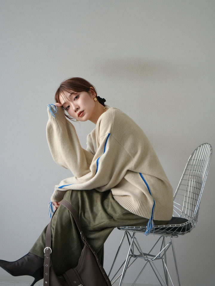 [予約]配色ステッチフリンジニットプルオーバー /アイボリー