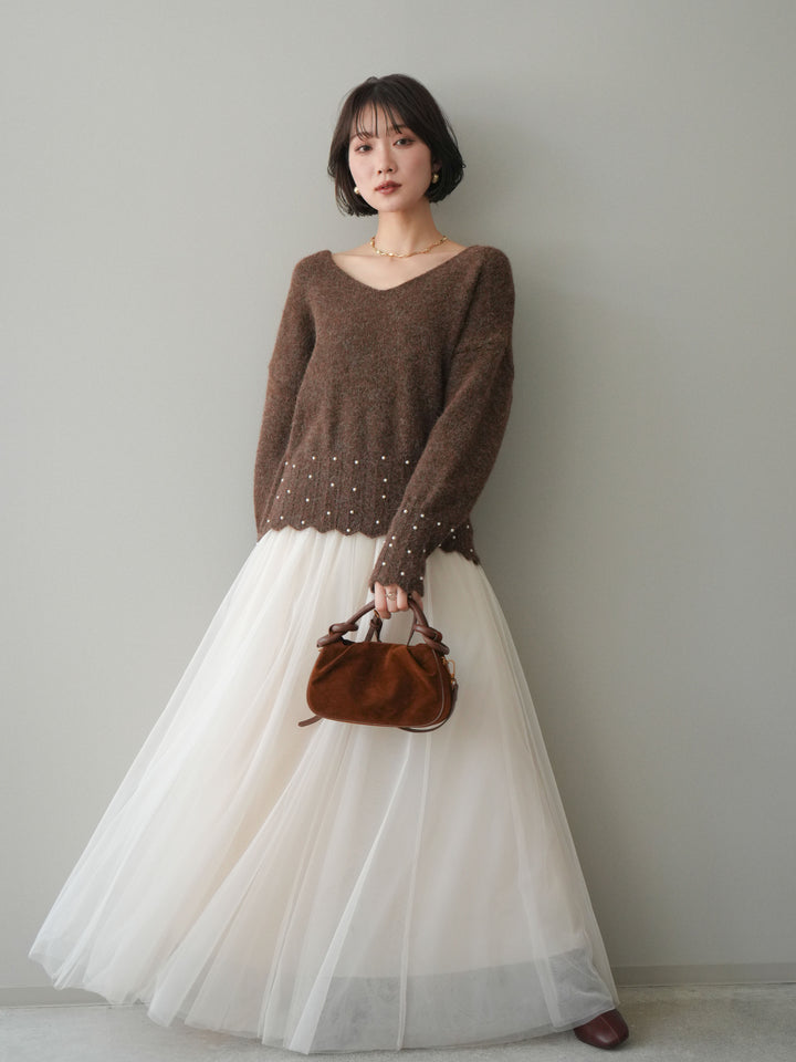 [SET]パールフリルリブヘムニットプルオーバー+チュールボリュームスカート(2set)