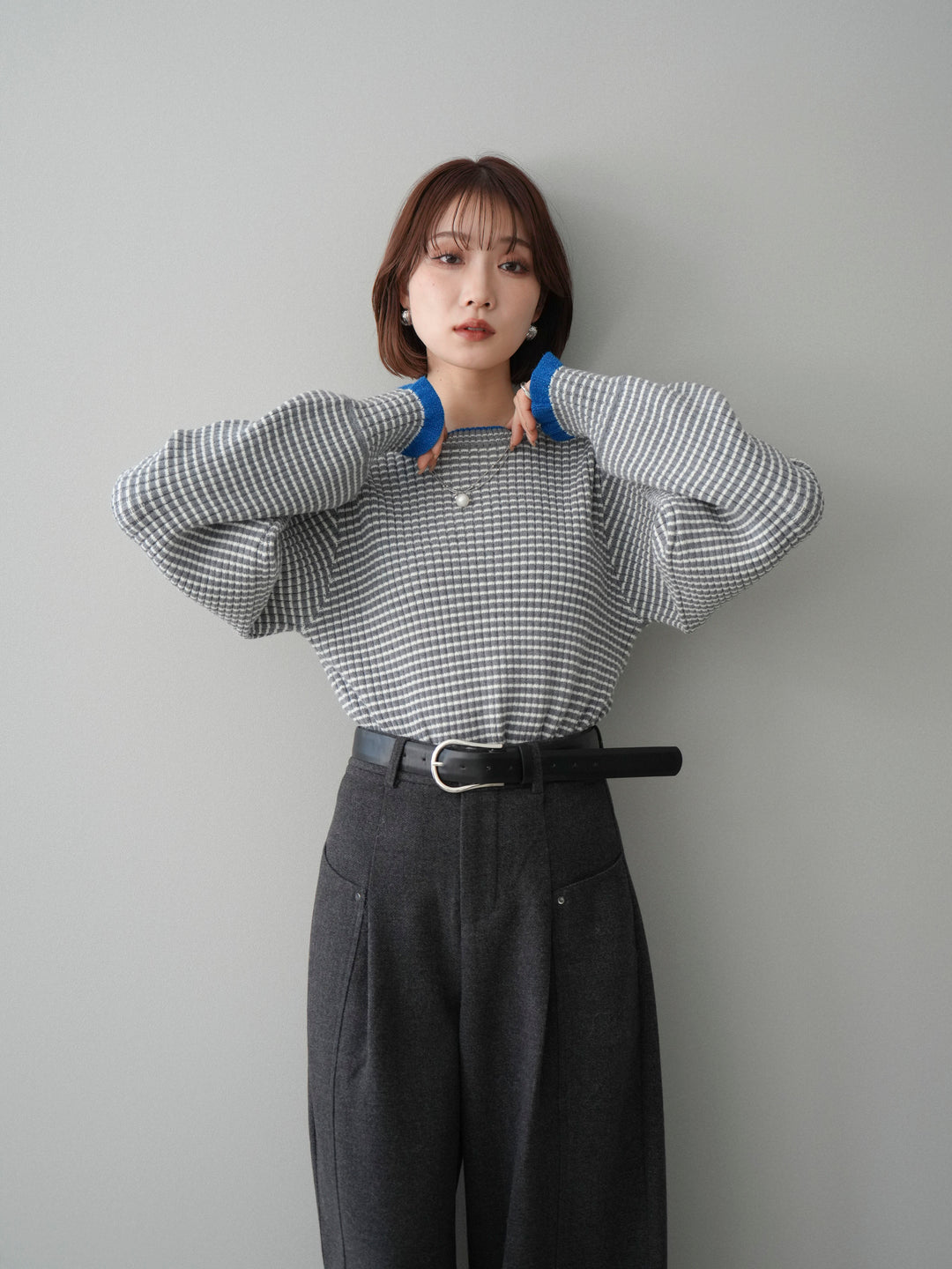 [SET]ラメ異素材ボーダーリブニットプルオーバー+ベルト付起毛コクーンパンツ(2set)