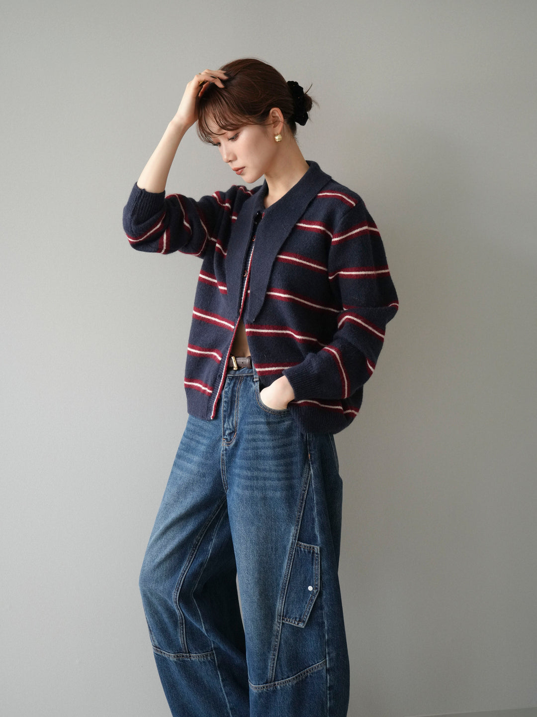 [予約]ボウタイボーダーニットカーディガン/navy