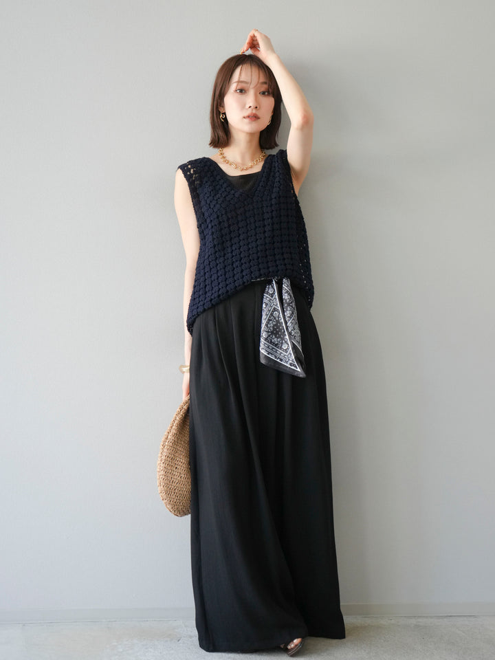 [予約]スカーフベルト付3タックワイドパンツ/ブラック