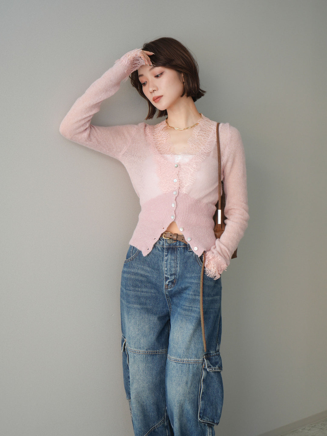 【預購】馬海毛觸感蕾絲針織開襟衫 / 粉紅色