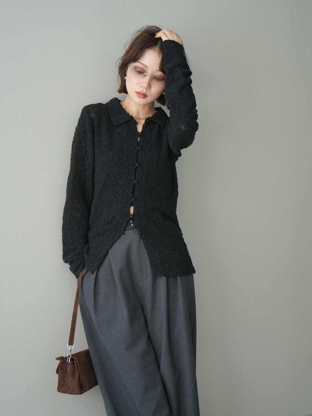 [予約]透かし編みブークレポロニットトップス/black