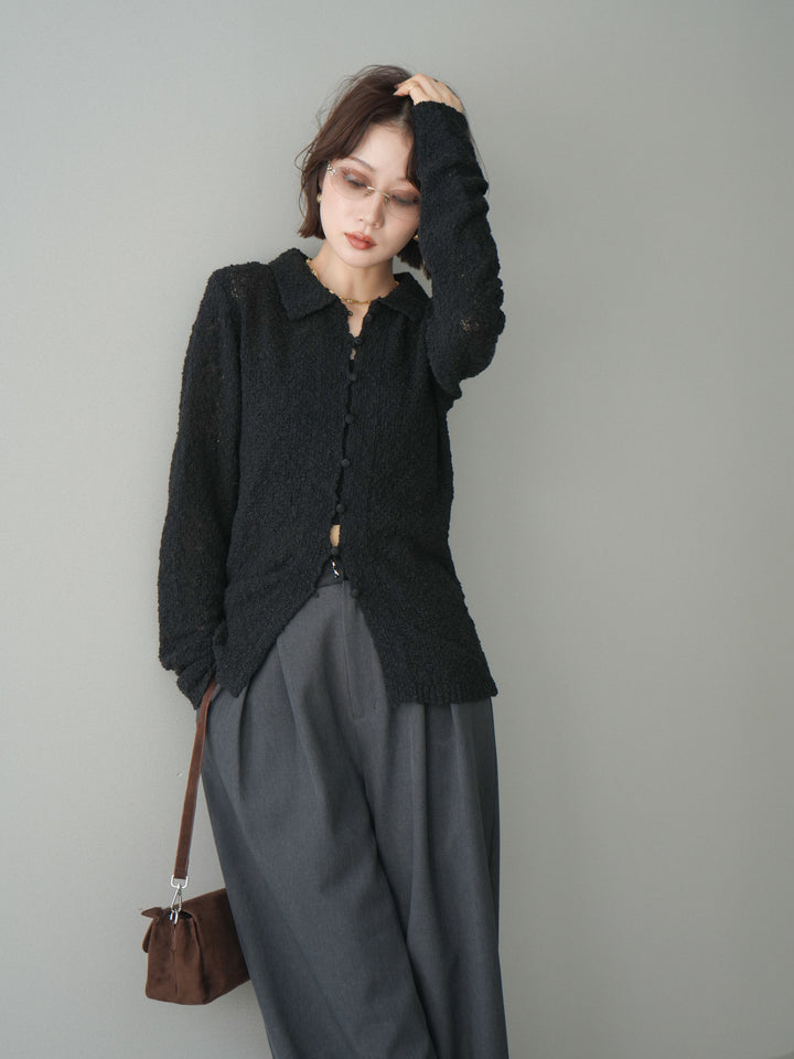 [予約]透かし編みブークレポロニットトップス/black