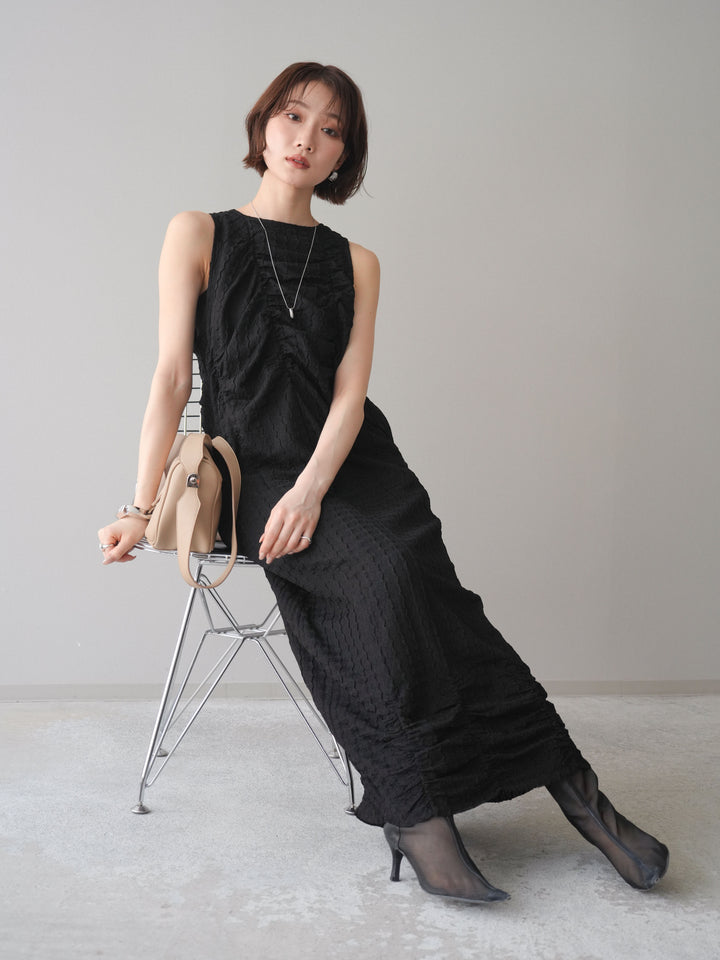 [予約]シャーリングジャガードノースリーブワンピース/black