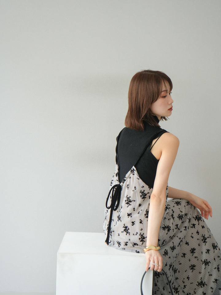 [SET]フロッキーチュールレイヤードベロアキャミワンピース+プチネックセンターシームノースリーニットトップス(2set)