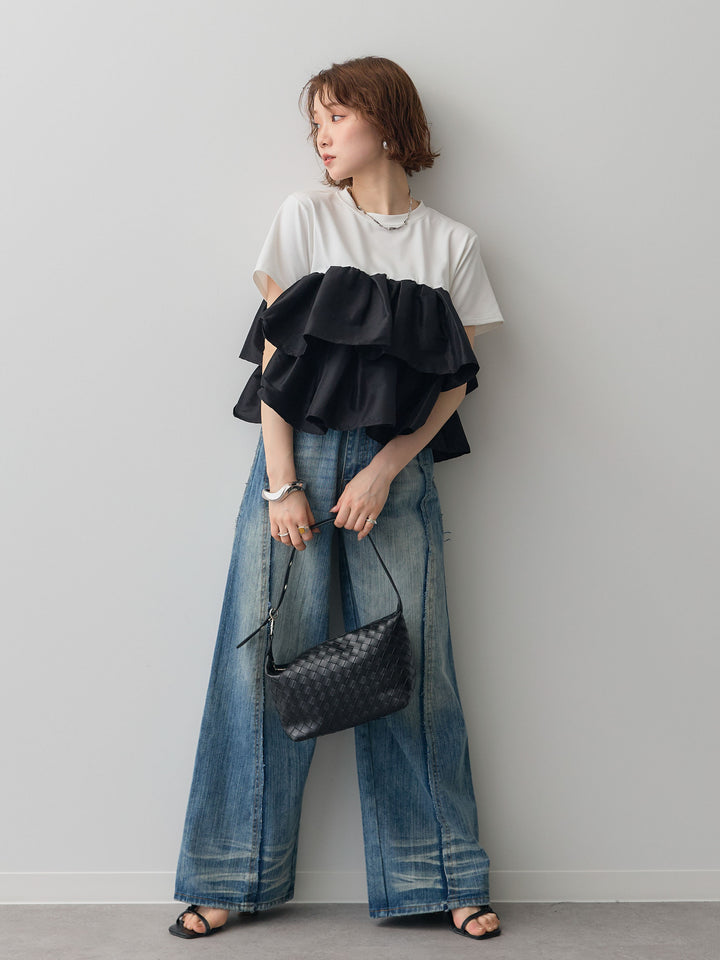 [SET]フリルティアードTEE+縦ウォッシュワイドデニムパンツ(2set)