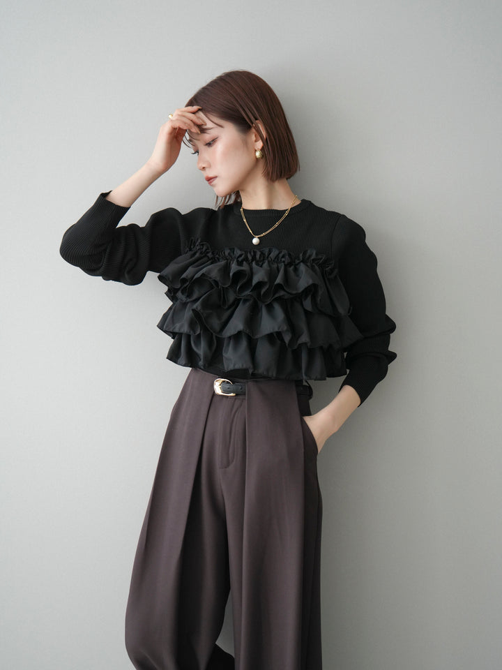 [予約]フリルビスチェドッキングスポンジニットプルオーバー/black