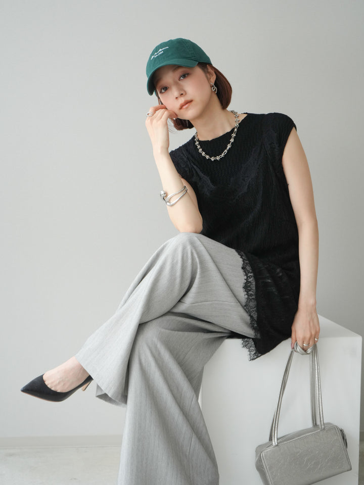 [予約]レース切替ジャガードニットロングキャミソール/black