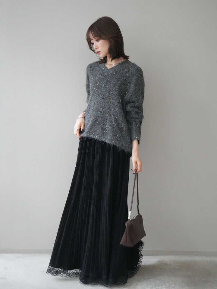 [SET]キャンディースリーブカラーネップスパンコールニットプルオーバー+裾レーススウェードプリーツマキシスカート(2set)