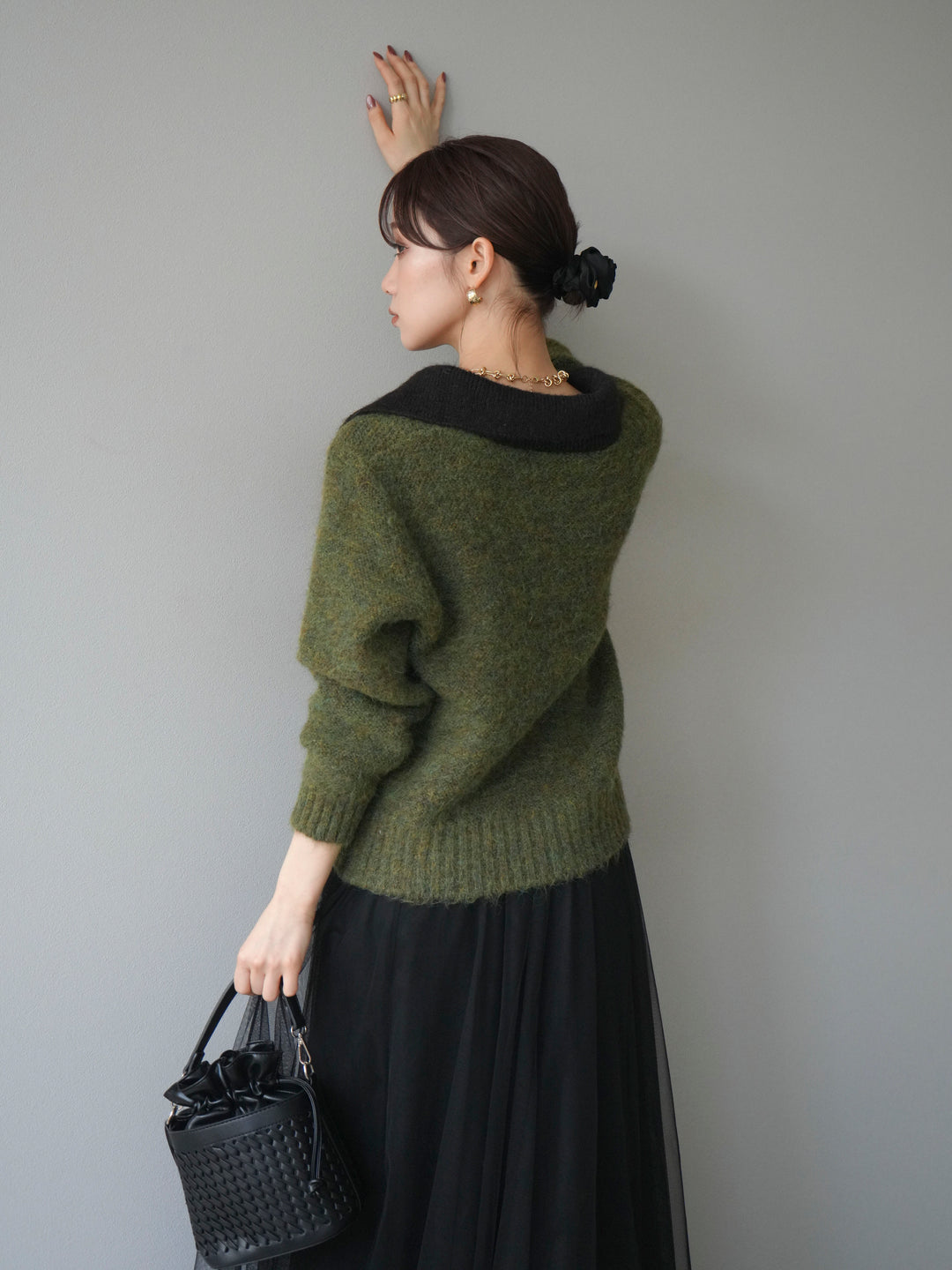[予約]バイカラー襟付きニットプルオーバー/green