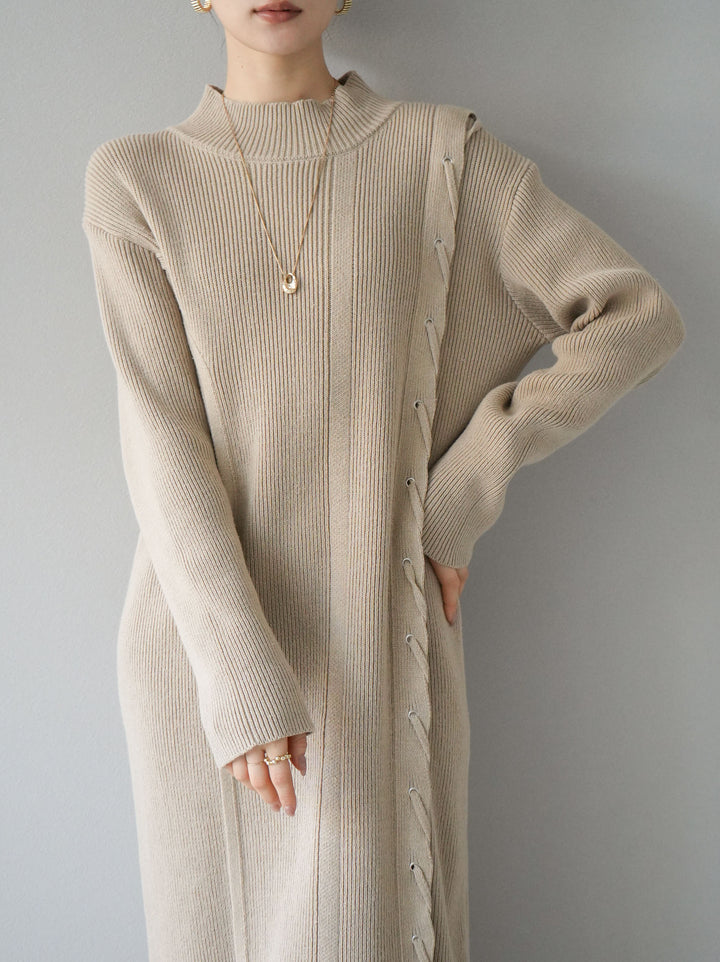 [SET] 不對稱繫帶高領針織連身裙 + 可選飾品套裝 (2套)