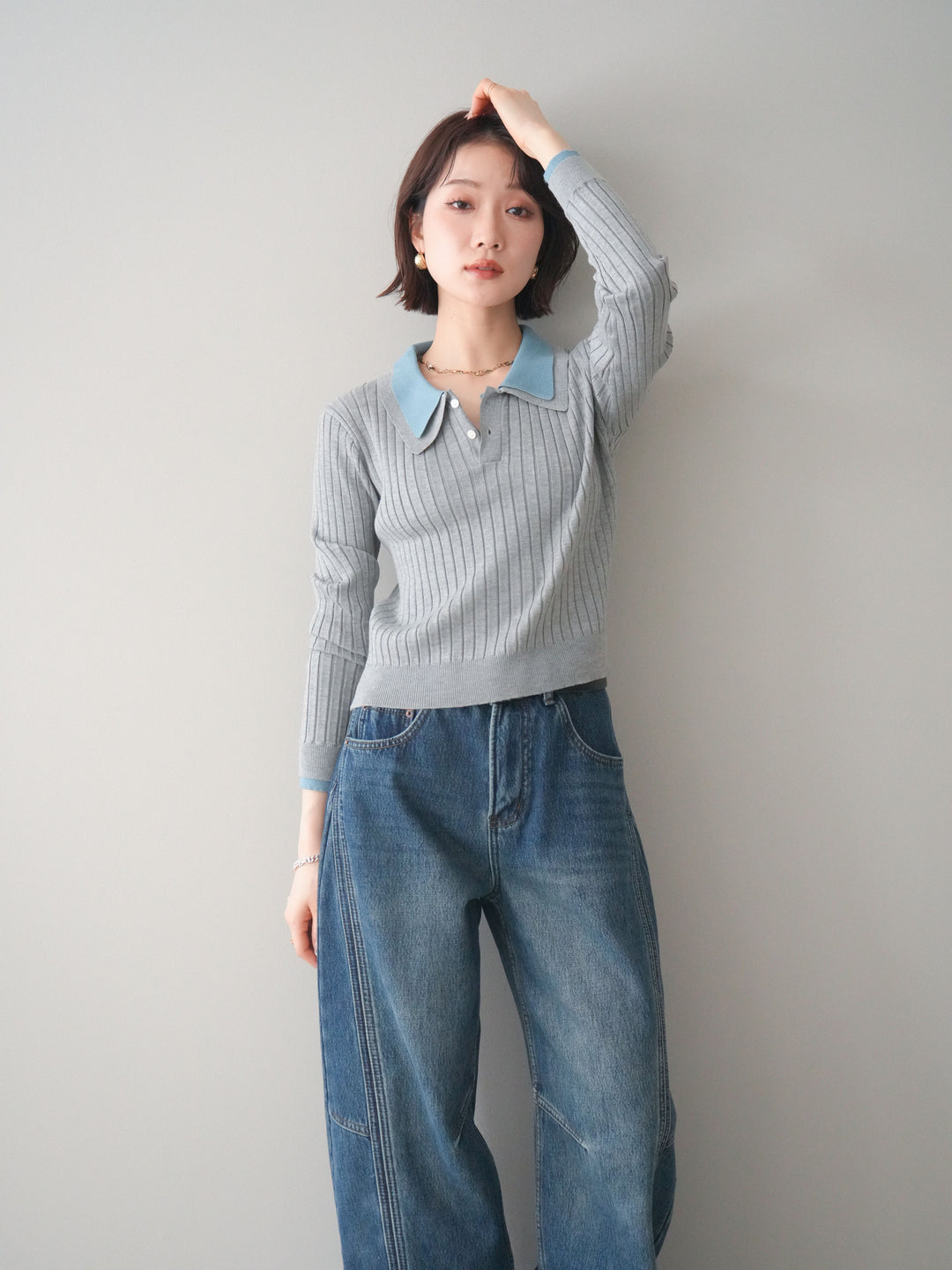 [予約]ダブル襟ポロリブニットトップス/gray