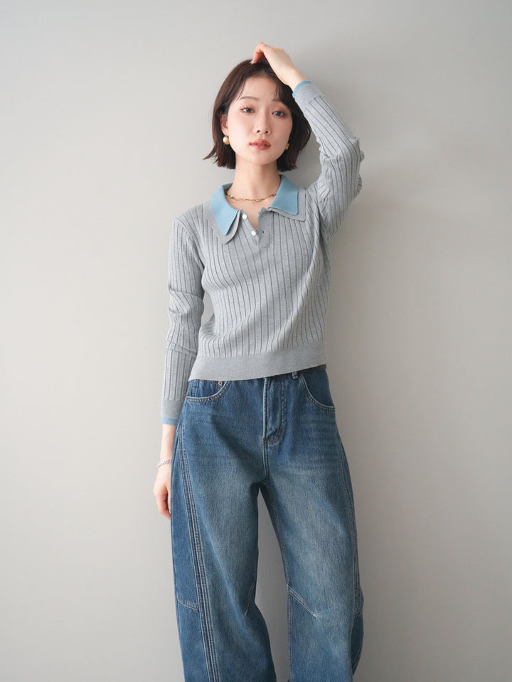 [予約]ダブル襟ポロリブニットトップス/gray