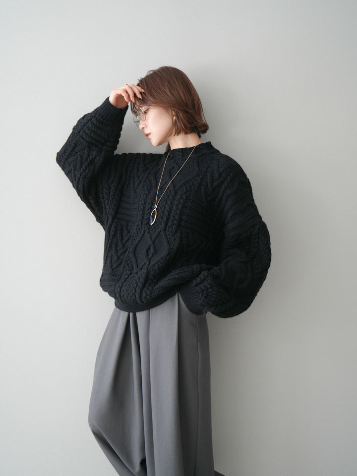 [SET]ケーブル編みモックネックニットプルオーバー+選べるアクセセット(2set)