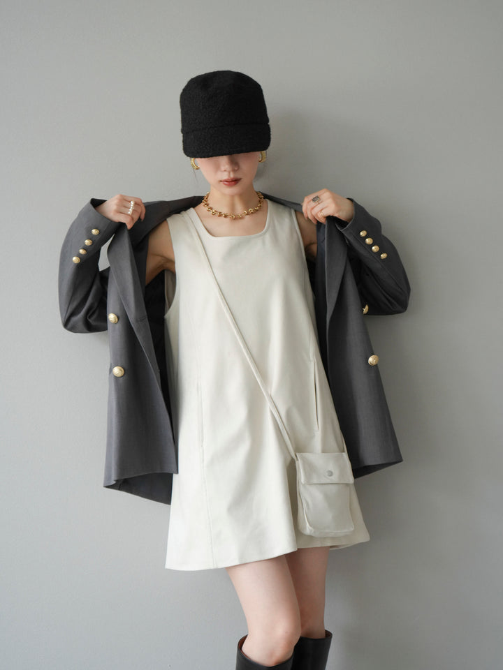 [SET]ゴールドボタンツイルダブルテーラードジャケット+ショルダーポーチ付スウェードミニワンピース(2set)