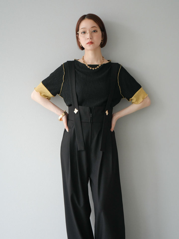 [SET]プリーツ配色ボートネックプルオーバー+ゴールドボタンサスペンダーワイドパンツ(2set)