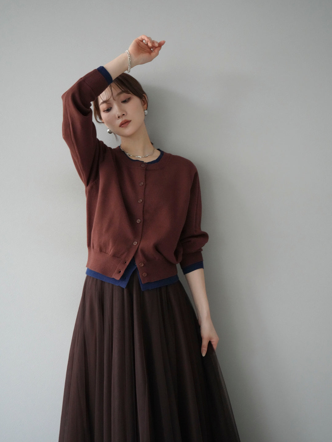 [SET]配色レイヤードカーディガン+チュールボリュームスカート(2set)