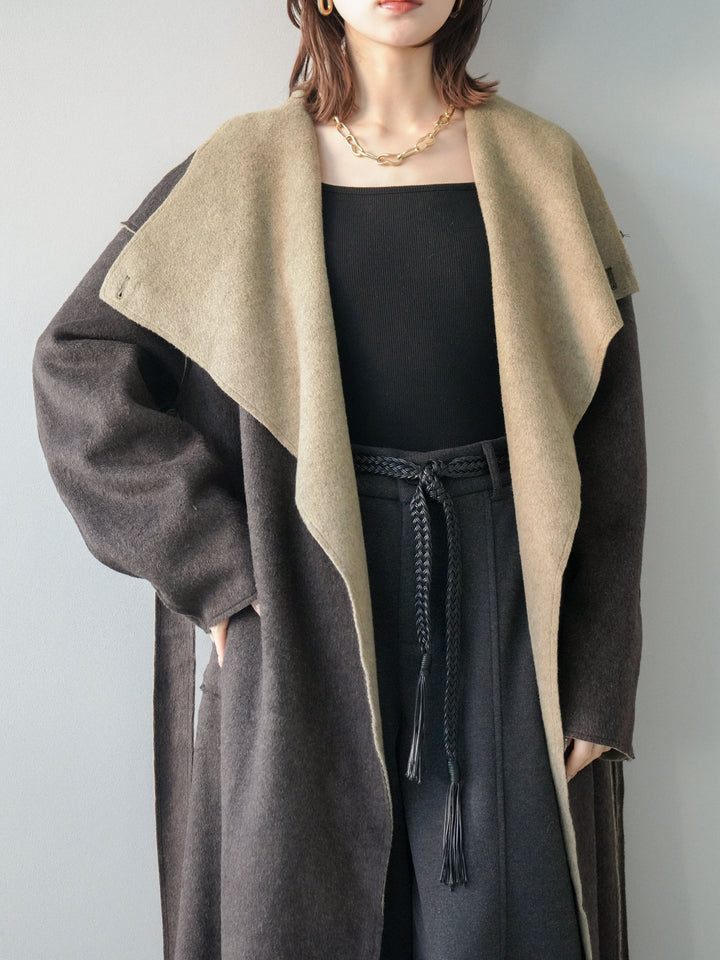 [予約]ダブルフェイスバイカラーロングコート/khaki