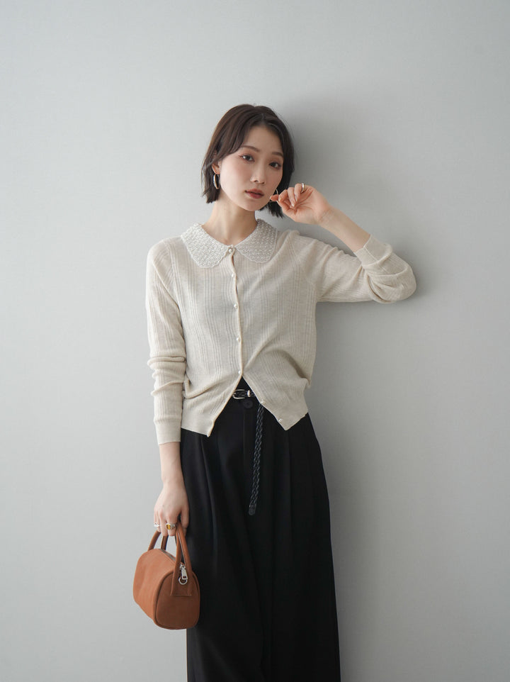 [予約]ビジュー襟パールボタンニットカーディガン/ivory