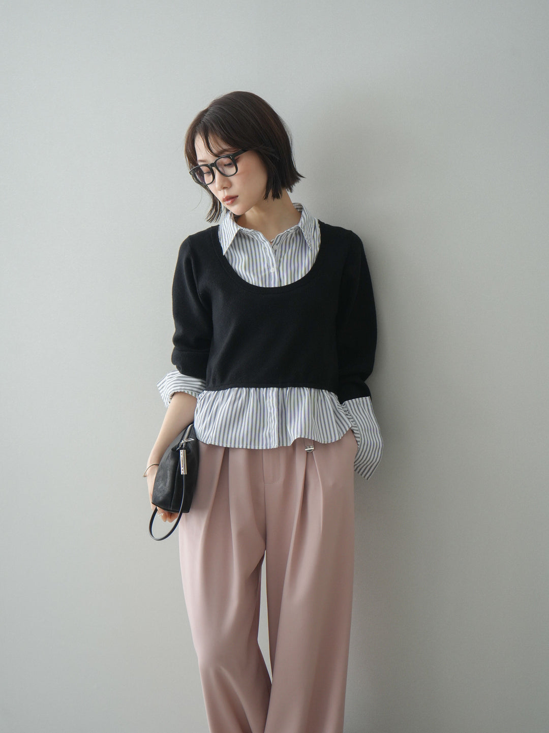 [予約]ストライプシャツUネックドッキングニットプルオーバー/blackoffstripe