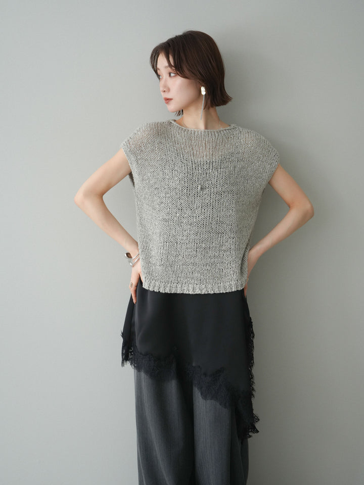 [予約]テープヤーンノースリーブニットトップス/gray