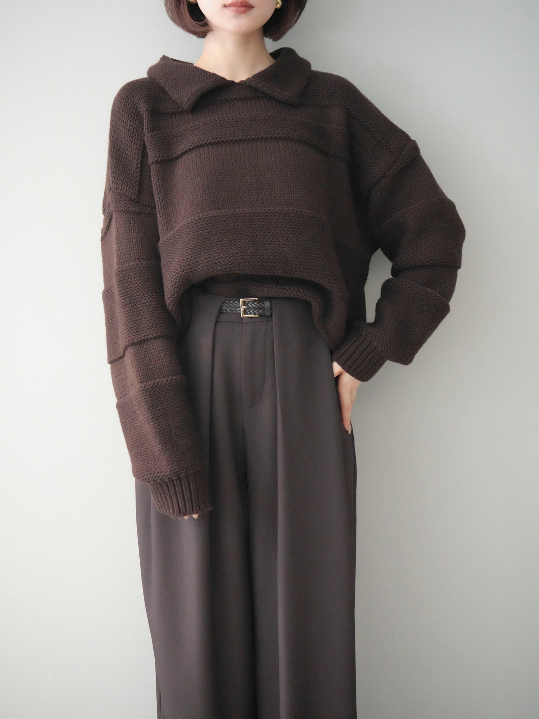 [予約]襟付きボーダー編みニットプルオーバー/brown
